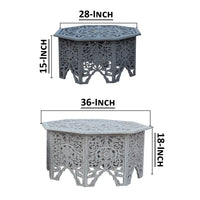 Nesting Coffee Tables, Set of 2, Handcrafted Carved Cut Out Floral Motifs, Antique White and Gray - UPT-277207