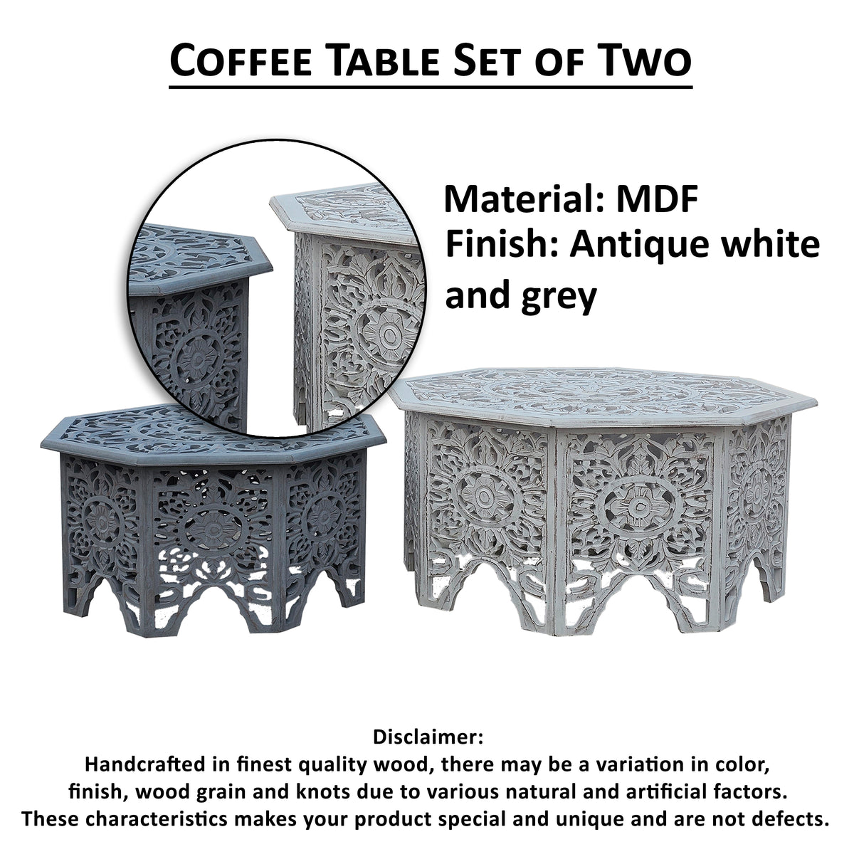 Nesting Coffee Tables, Set of 2, Handcrafted Carved Cut Out Floral Motifs, Antique White and Gray - UPT-277207
