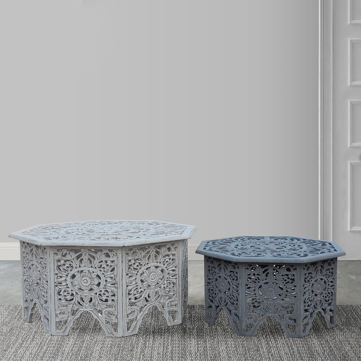 Nesting Coffee Tables, Set of 2, Handcrafted Carved Cut Out Floral Motifs, Antique White and Gray - UPT-277207