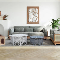 Nesting Coffee Tables, Set of 2, Handcrafted Carved Cut Out Floral Motifs, Antique White and Gray - UPT-277207