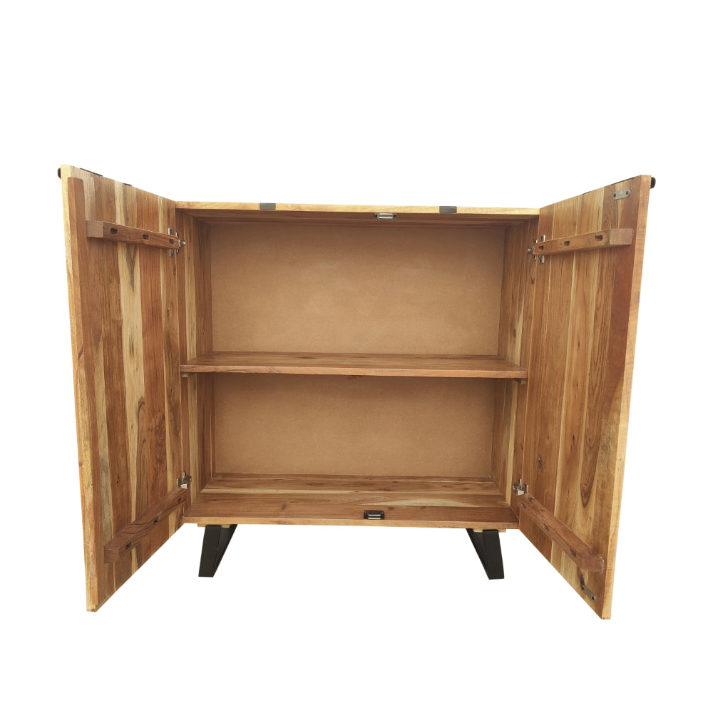 Aza Handcrafted 35 Inch Cabinet, Natural Brown Acacia Wood with Angled Black Iron Legs - UPT-277209