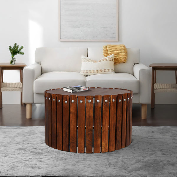 Myla 31 Inch Handcrafted Round Coffee Table with Vertical Planks, Iron Rivets, Dark Walnut Brown Acacia Wood - UPT-293096