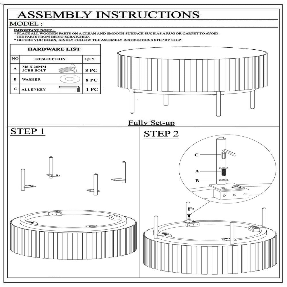 36 Inch Modern Handcrafted Round Coffee Table, Oak White Wood Top with Grooved Edges, Black Iron Legs - UPT-293347
