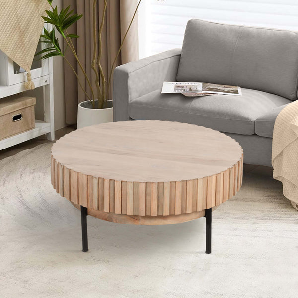 36 Inch Modern Handcrafted Round Coffee Table, Oak White Wood Top with Grooved Edges, Black Iron Legs - UPT-293347