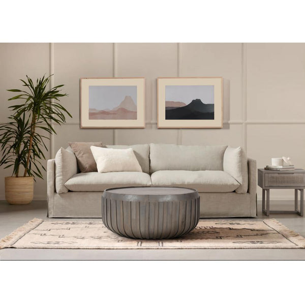 Alisha 36 Inch Coffee Table, Handcrafted Drum Shape with Ribbed Edges, Gray Mango Wood  - UPT-293349