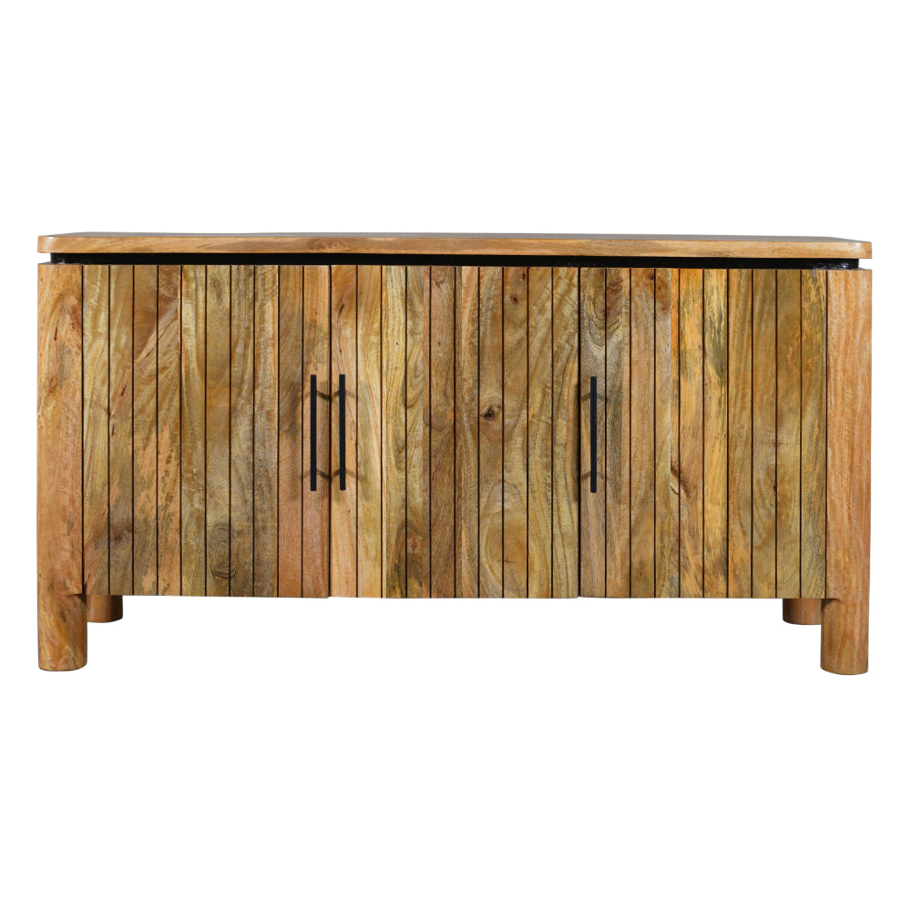 54 Inch Sideboard Console with 3 Grooved Cabinet Doors, Iron Handles, Natural Brown Mango Wood  - UPT-293351