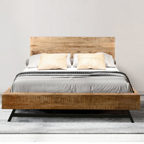 Bree Modern Rustic King Size Platform Bed, Brown Acacia & Mango Wood Frame, Angled Black Iron Legs- UPT-293422