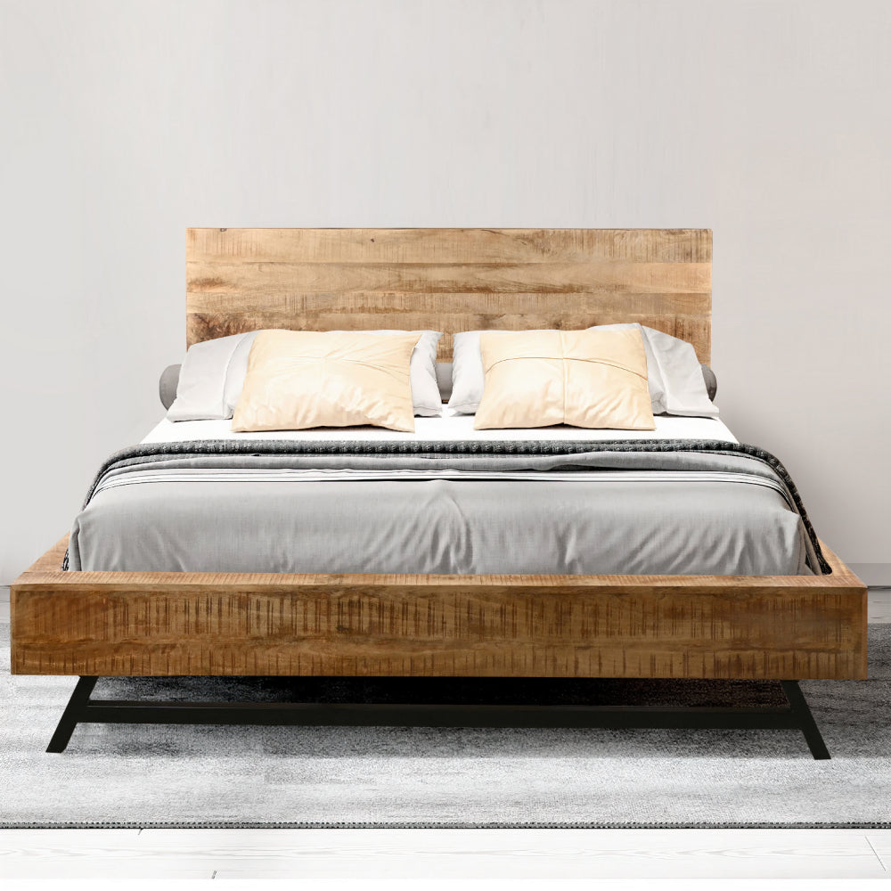 Bree Modern Rustic King Size Platform Bed, Brown Acacia & Mango Wood Frame, Angled Black Iron Legs - UPT-293422