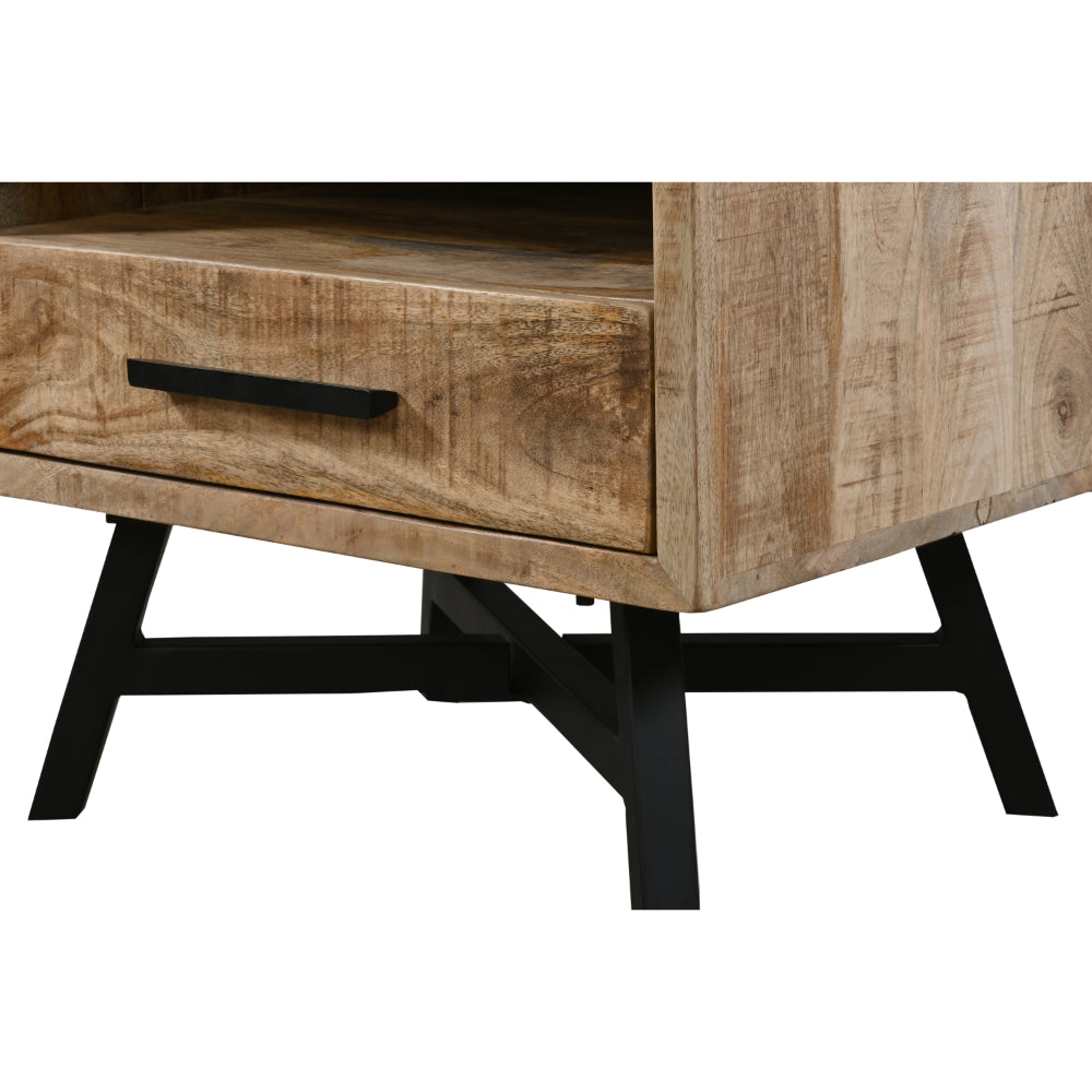 Bree 22 Inch Modern Rustic Single Drawer Nightstand, Brown Mango Wood Frame, Black Iron Angled Legs - UPT-293424
