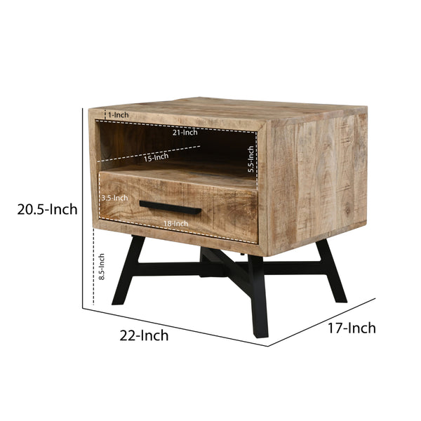 Bree 22 Inch Modern Rustic Single Drawer Nightstand, Brown Mango Wood Frame, Black Iron Angled Legs - UPT-293424