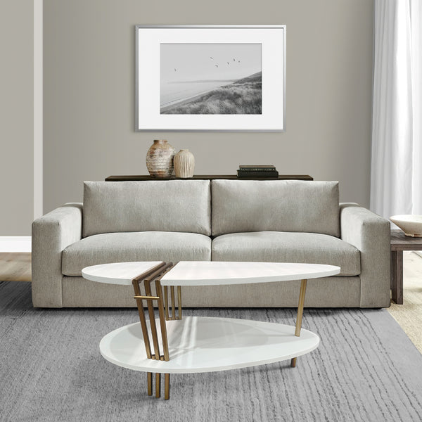 36 Inch Modern Coffee Table, Oval Elliptical Shape, White Mango Wood With Antique Brass - UPT-293502