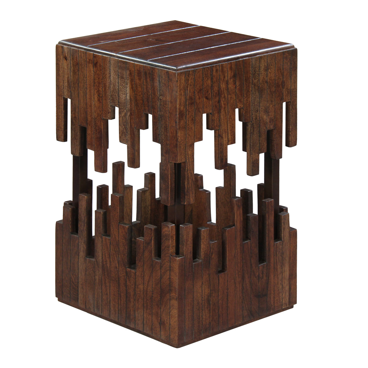 24 Inch Accent Side End Table, Brown Acacia Wood, Slatted Square Top, Handcrafted Abstract Silhouette, Black Iron - UPT-294093