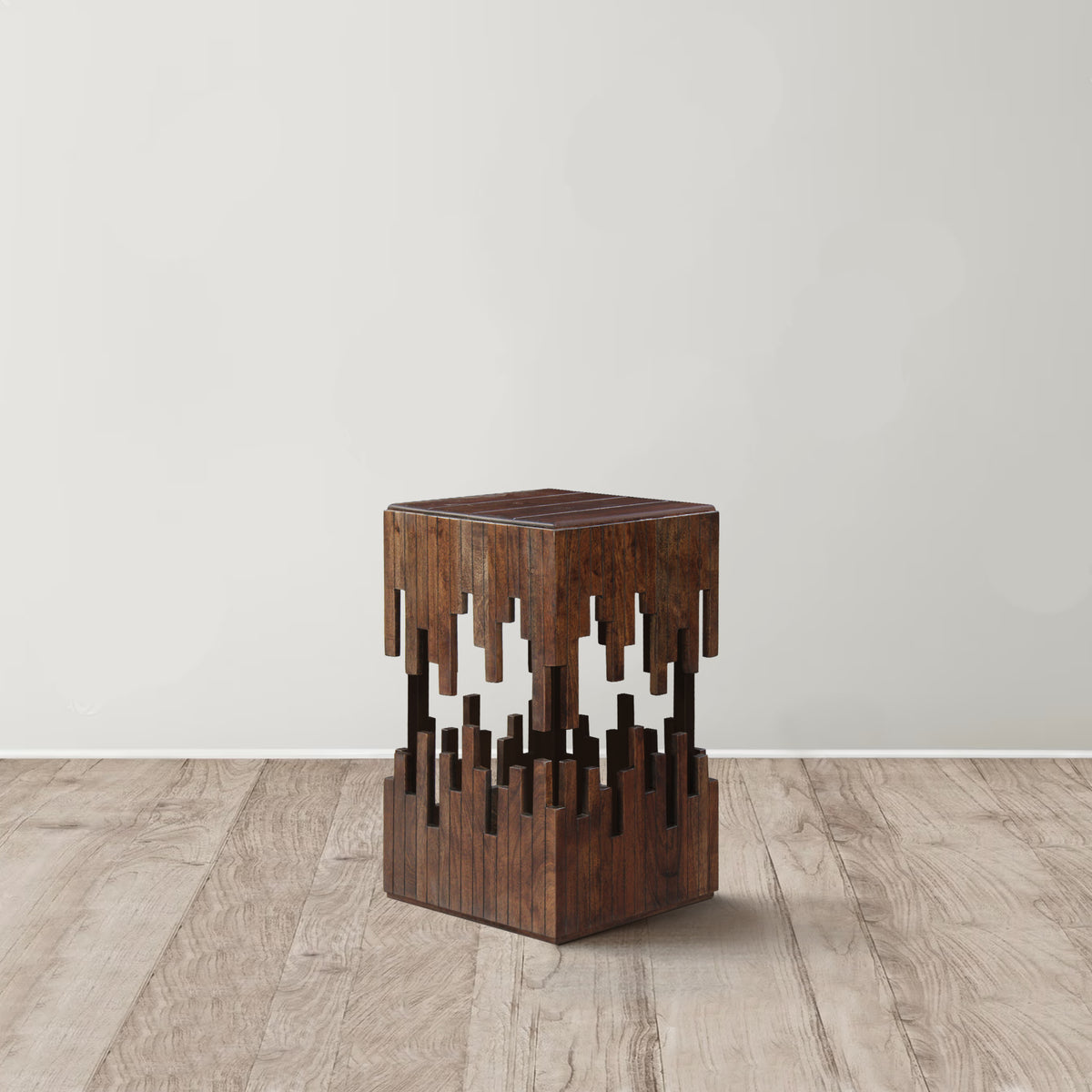 24 Inch Accent Side End Table, Brown Acacia Wood, Slatted Square Top, Handcrafted Abstract Silhouette, Black Iron - UPT-294093