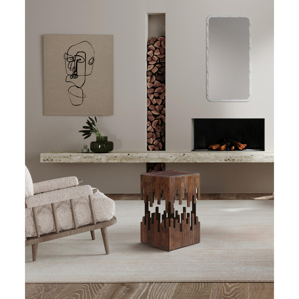 24 Inch Accent Side End Table, Brown Acacia Wood, Slatted Square Top, Handcrafted Abstract Silhouette, Black Iron - UPT-294093