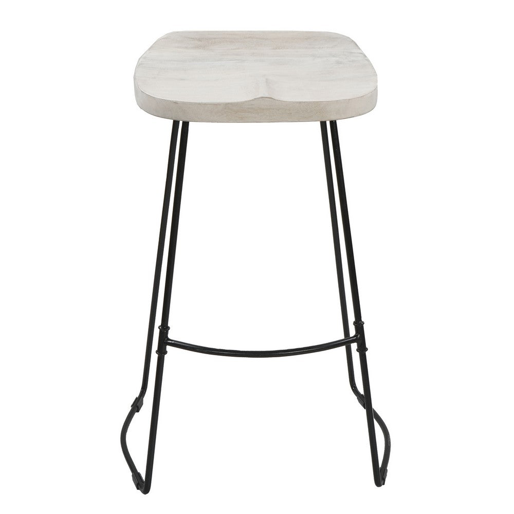 Tiva 30 Inch Handcrafted Backless Barstool, Whitewashed Mango Wood Saddle Seat, Black Metal Base - UPT-294097