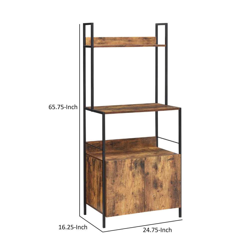 66 Inch Industrial Style 3 Tier Kitchen Baker Rack with Storage Cabinet, Rustic Brown, Black Metal Frame - UPT-294325