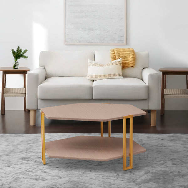 36 Inch Hexagonal Modern Coffee Table, Wood Top and Shelf, Gold Metal Legs - UPT-294329