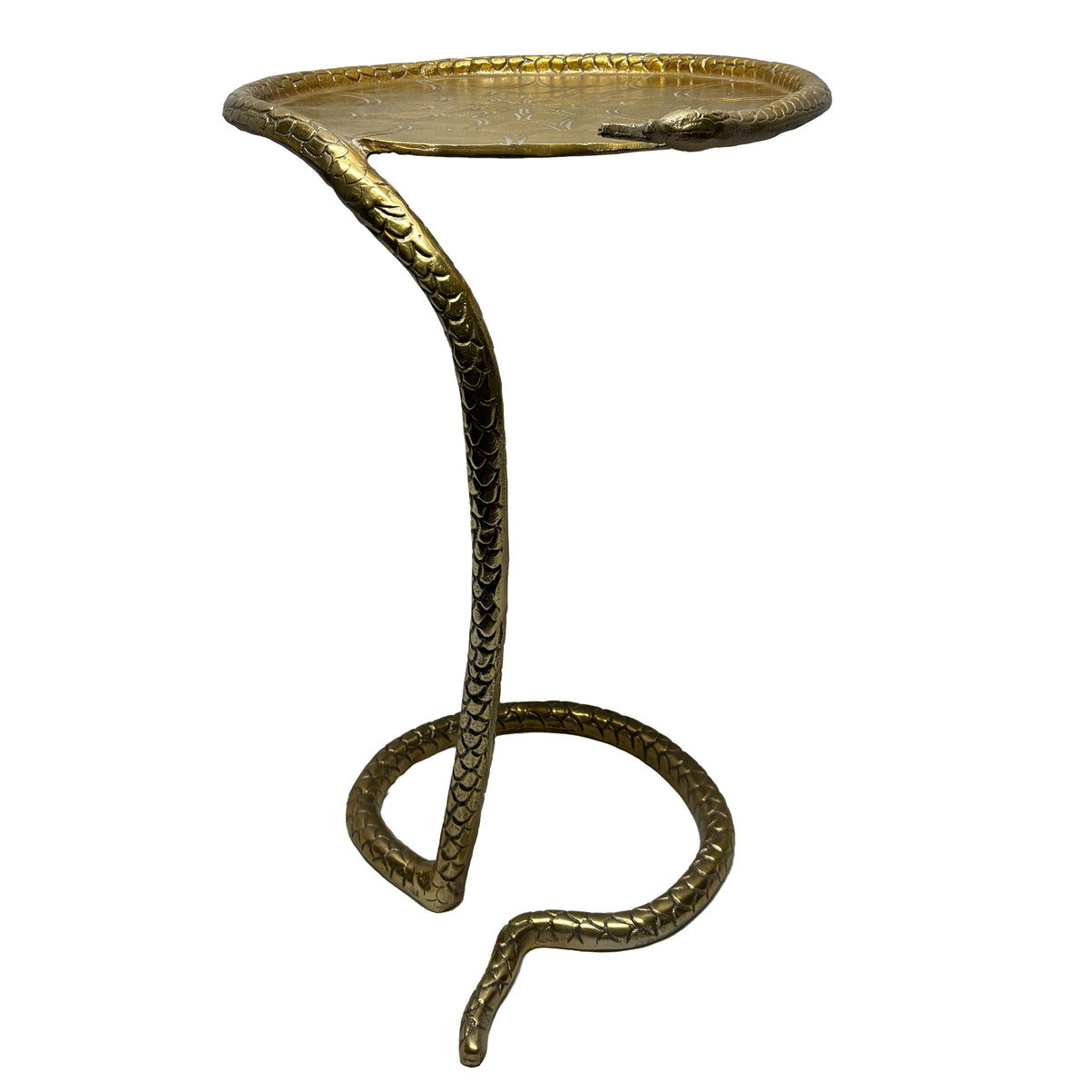 22 Inch Side End Table, Handcrafted Textured Snake Skin Pattern Base, Brass Aluminum - UPT-295598