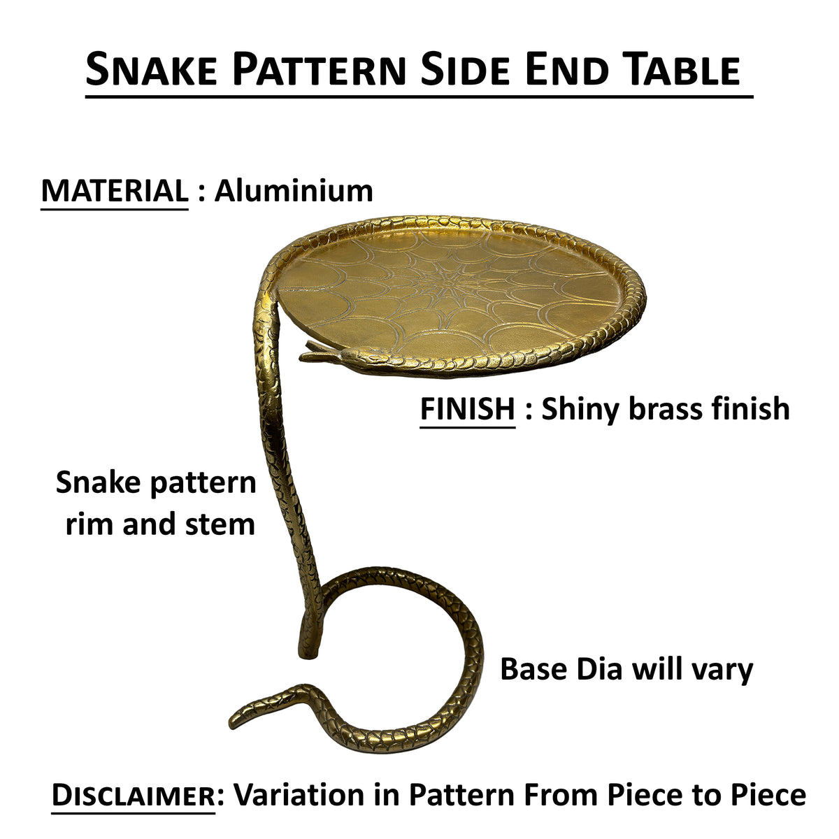 22 Inch Side End Table, Handcrafted Textured Snake Skin Pattern Base, Brass Aluminum - UPT-295598