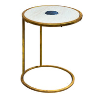 20 Inch Round Side End Table, White Marble Top with Blue Agate Stone Inlay, Gold Foil Finish Iron Frame - UPT-295599