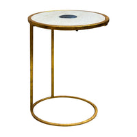 20 Inch Round Side End Table, White Marble Top with Blue Agate Stone Inlay, Gold Foil Finish Iron Frame - UPT-295599