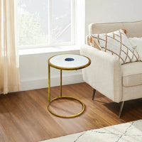 20 Inch Round Side End Table, White Marble Top with Blue Agate Stone Inlay, Gold Foil Finish Iron Frame - UPT-295599