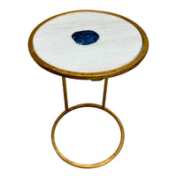 20 Inch Round Side End Table, White Marble Top with Blue Agate Stone Inlay, Gold Foil Finish Iron Frame - UPT-295599