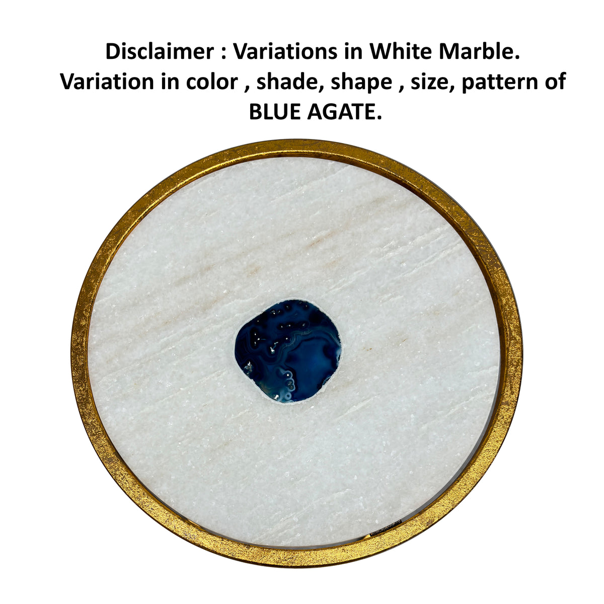 20 Inch Round Side End Table, White Marble Top with Blue Agate Stone Inlay, Gold Foil Finish Iron Frame - UPT-295599