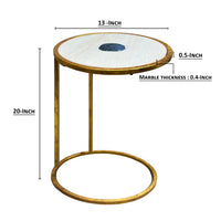 20 Inch Round Side End Table, White Marble Top with Blue Agate Stone Inlay, Gold Foil Finish Iron Frame - UPT-295599