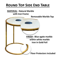 20 Inch Round Side End Table, White Marble Top with Blue Agate Stone Inlay, Gold Foil Finish Iron Frame - UPT-295599