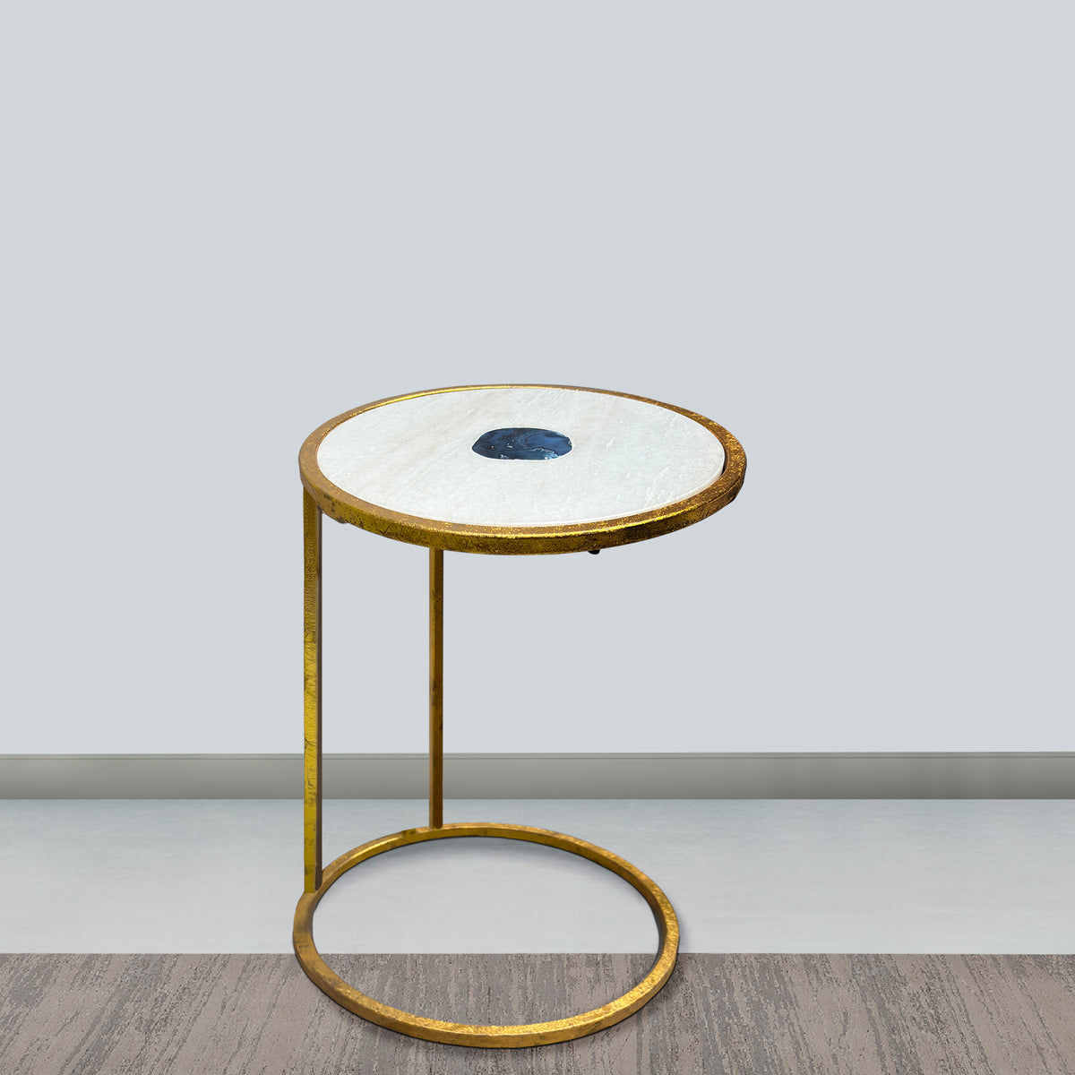 20 Inch Round Side End Table, White Marble Top with Blue Agate Stone Inlay, Gold Foil Finish Iron Frame - UPT-295599