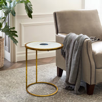 20 Inch Round Side End Table, White Marble Top with Blue Agate Stone Inlay, Gold Foil Finish Iron Frame - UPT-295599