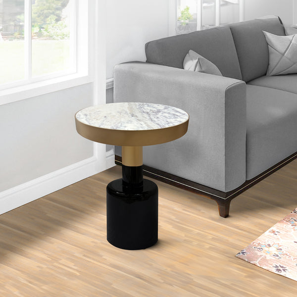 20 Inch Round Side End Table, Gold Banded Natural White Marble Top, Black Enamel Coated Iron Pedestal Base - UPT-295600