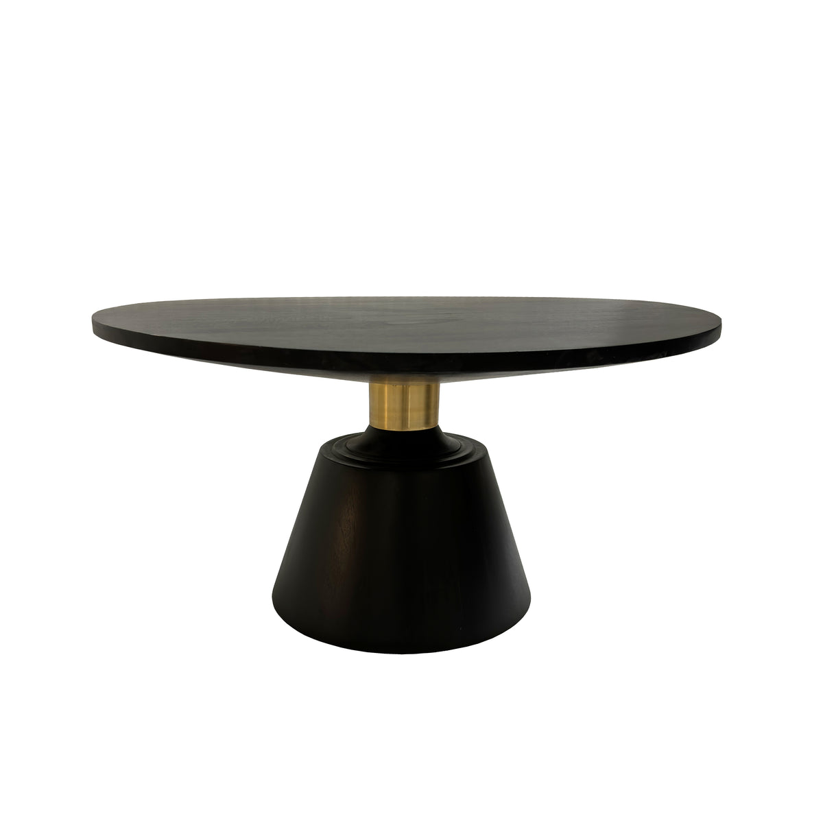 Fawn 32 Inch Coffee Table, Black Mango Wood Round Top, Modern Tapered Pedestal Base, Shiny Brass Support - UPT-295601
