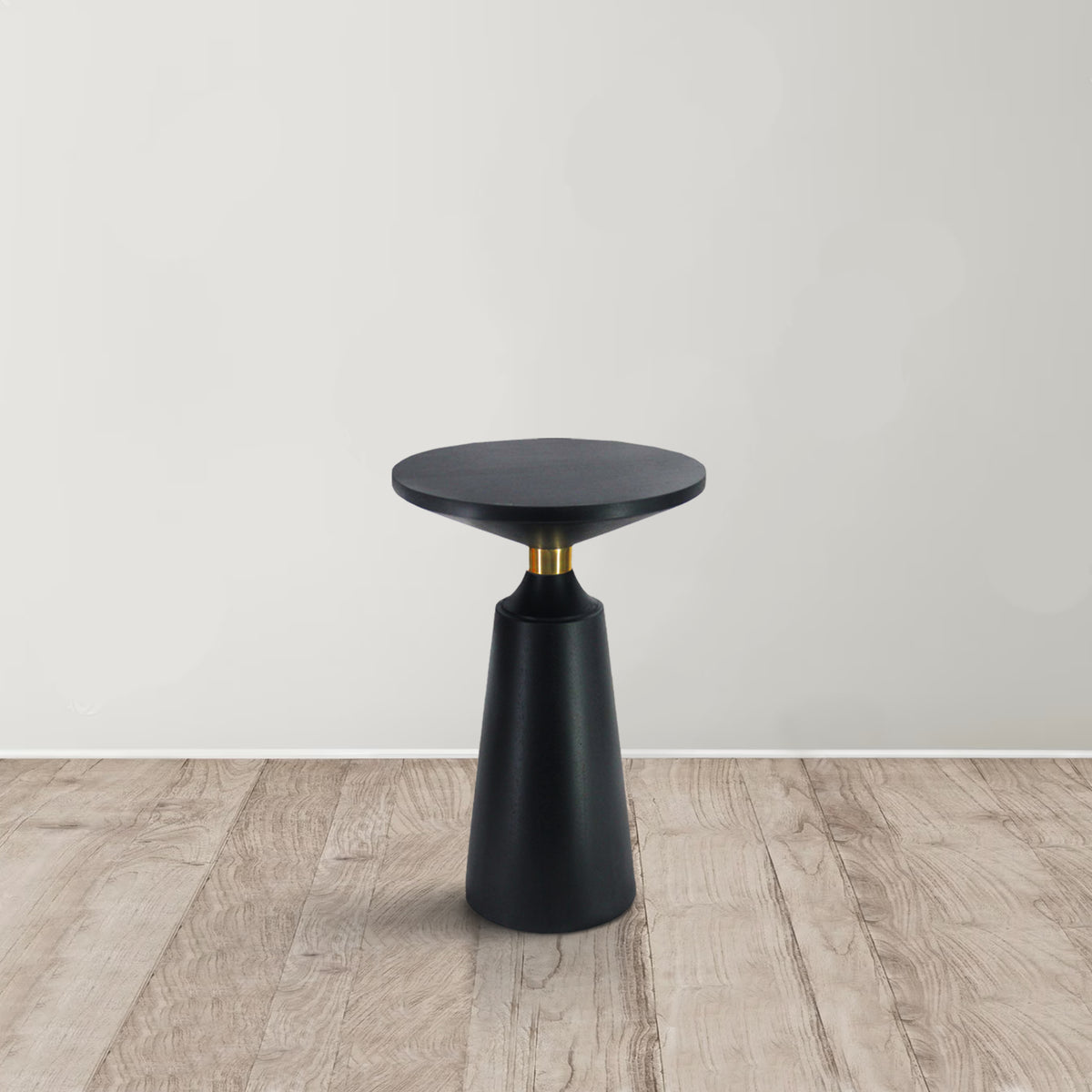 Fawn 20 Inch Side End Table, Black Mango Wood Round Top with Pedestal Base, Shiny Brass Support - UPT-295602