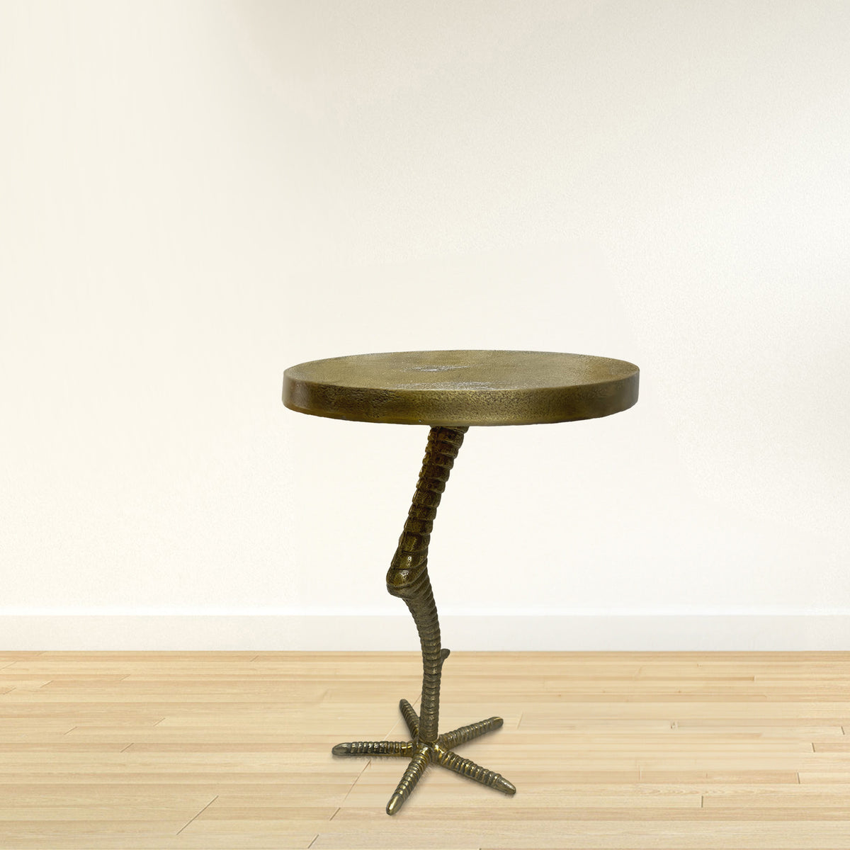 19 Inch Side End Table, Antique Brass Aluminum Cast, Round Top with Handcrafted Textured Bird Leg Stem - UPT-295603