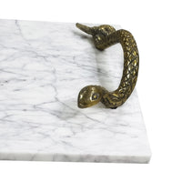 14 Inch Decorative Serving Tray, White Marble Stone with Shiny Brass Finished Snake Handles - UPT-295604