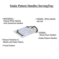 14 Inch Decorative Serving Tray, White Marble Stone with Shiny Brass Finished Snake Handles - UPT-295604