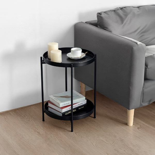 15 Inch Modern Side End Table, Metal Round Tray Top, Foldable Legs, Black - UPT-295808