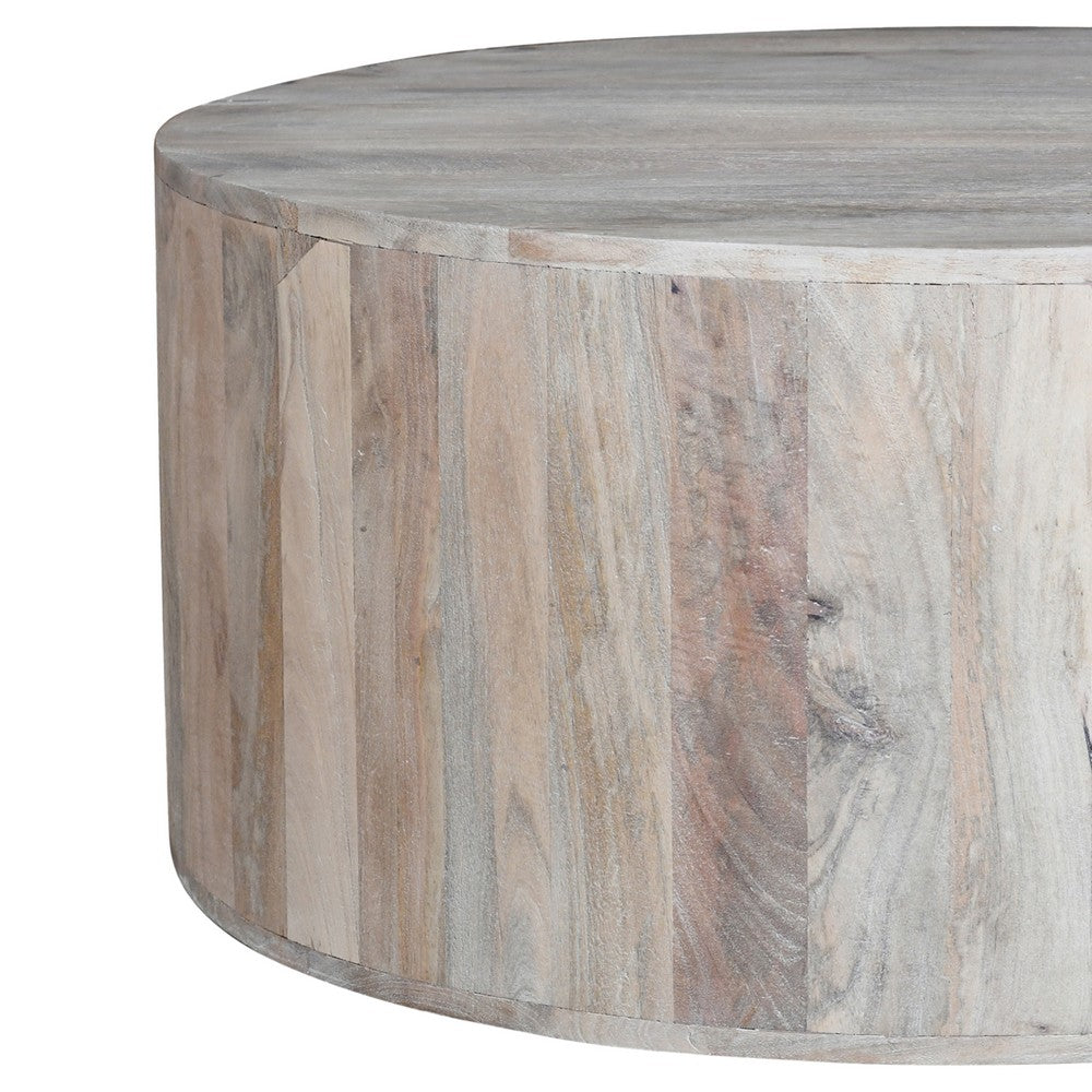 36 Inch Coffee Table, Handcrafted Drum Shape, Sandblasted Washed White Mango Wood - UPT-296150
