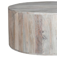 36 Inch Coffee Table, Handcrafted Drum Shape, Sandblasted Washed White Mango Wood - UPT-296150