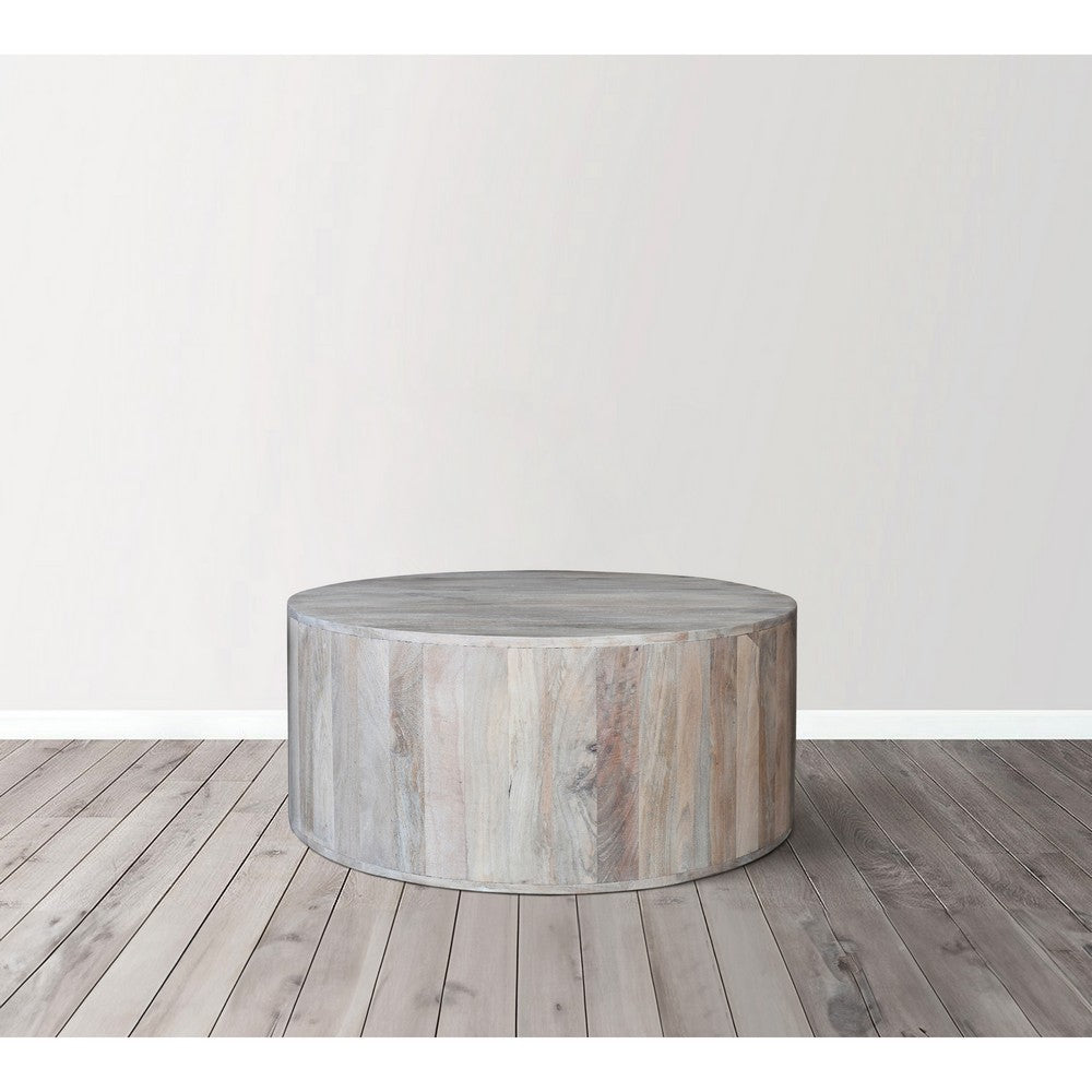 36 Inch Coffee Table, Handcrafted Drum Shape, Sandblasted Washed White Mango Wood - UPT-296150