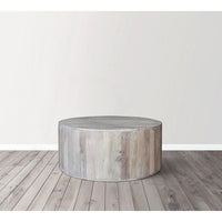 36 Inch Coffee Table, Handcrafted Drum Shape, Sandblasted Washed White Mango Wood - UPT-296150