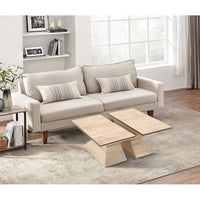 34 Inch Coffee Table, Handcrafted 2 Piece Split Design with Hourglass Base, White Washed Natural Mango Wood -UPT-296155