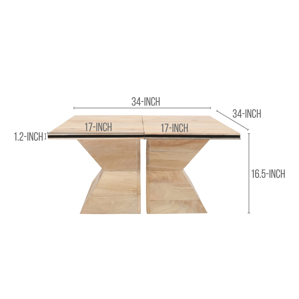 34 Inch Coffee Table, Handcrafted 2 Piece Split Design with Hourglass Base, White Washed Natural Mango Wood -UPT-296155
