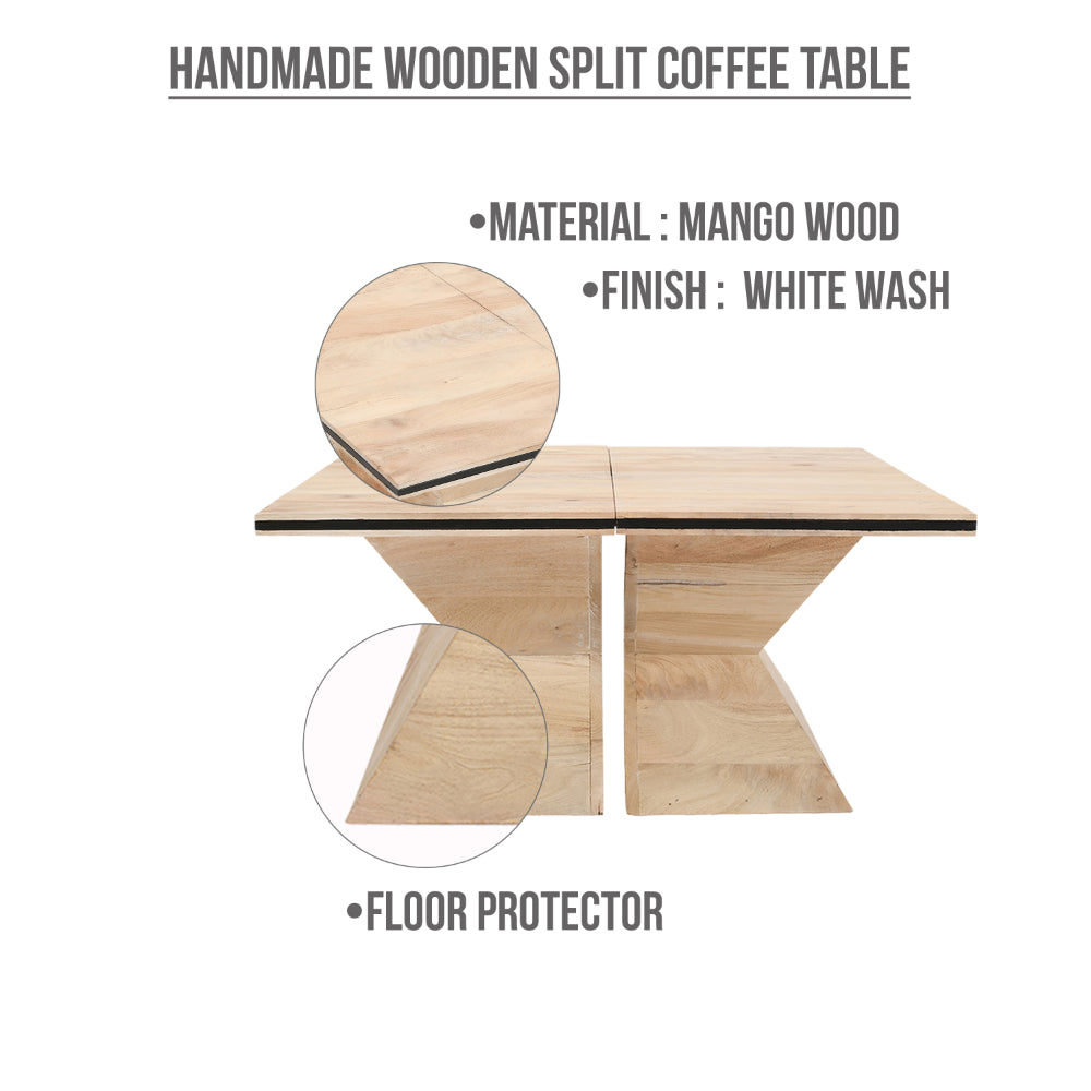 34 Inch Coffee Table, Handcrafted 2 Piece Split Design with Hourglass Base, White Washed Natural Mango Wood -UPT-296155