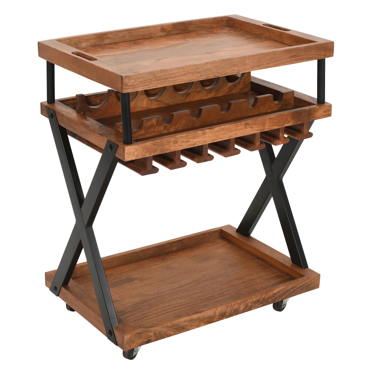30 Inch Rolling Wine Bar Cart, 2 Tray Tops, Stemware Rack, Bottle Holder, Natural Brown Mango Wood - UPT-296157