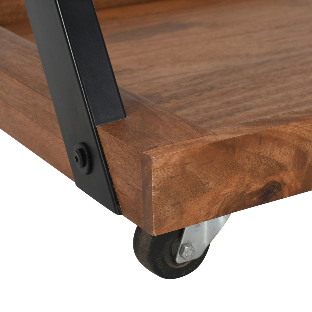 30 Inch Rolling Wine Bar Cart, 2 Tray Tops, Stemware Rack, Bottle Holder, Natural Brown Mango Wood - UPT-296157