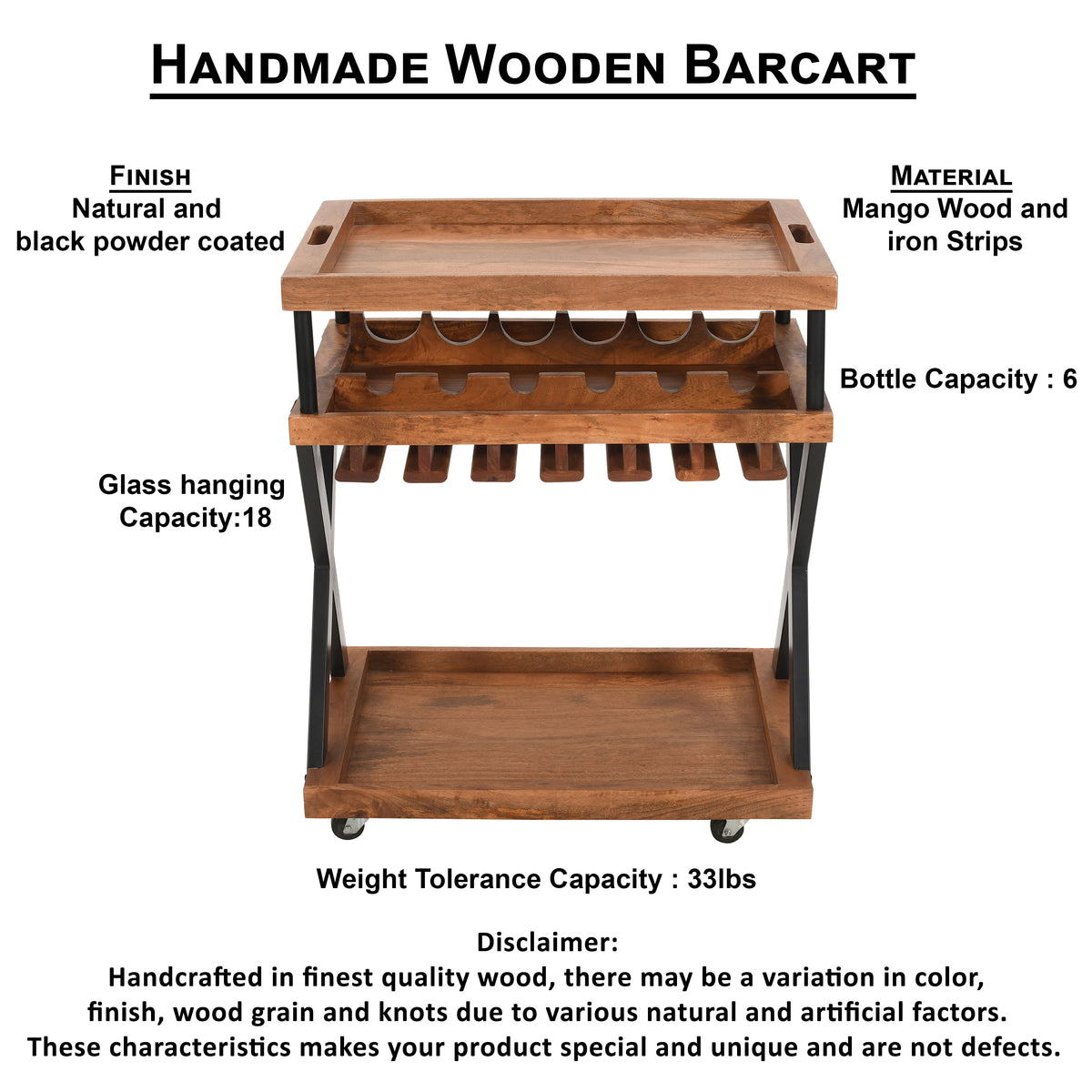 30 Inch Rolling Wine Bar Cart, 2 Tray Tops, Stemware Rack, Bottle Holder, Natural Brown Mango Wood - UPT-296157