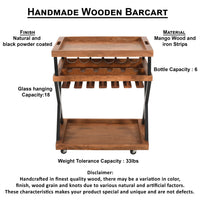 30 Inch Rolling Wine Bar Cart, 2 Tray Tops, Stemware Rack, Bottle Holder, Natural Brown Mango Wood - UPT-296157